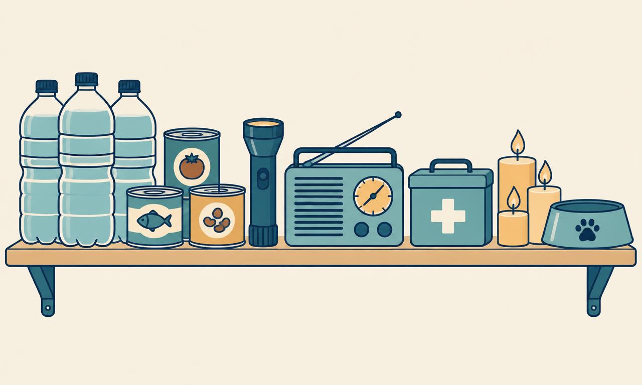 Illustration of water bottles, tinned food, a torch, a radio, a first aid tin, candles and a pet bowl on a shelf